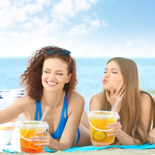 FYSUIMU 50Pcs Clear Plastic Cups with Lids & Straws 32 Oz Drink Bucket with Handle Disposable Cocktail Pails for Beach Poo...