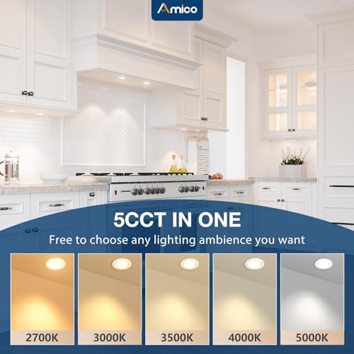 Amico 12 Pack 2 Inch 5CCT Ultra-Thin LED Canless Recessed Ceiling Light with Junction Box, 2700K/3000K/3500K/4000K/5000K S...