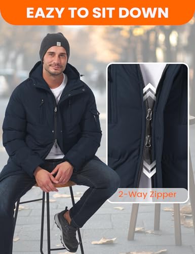 LZACTOIN-X Men's Long Winter Coat Thicken Insulated Waterproof Puffer Jacket Two-Way Zipper Hooded Windbreaker Parka