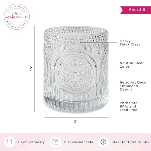 Ribbed Retro Arch Floral Clear Drinking Glasses Set of 6, (10 oz) Vintage Glassware Set by Kate Aspen| Cocktail Glass Set,...