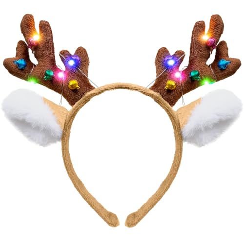 nuihoil Reindeer Antlers Headband Light Up Christmas Party Favors Fluffy Deer Costume Headbands for Women