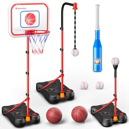 HopeRock 2 in 1 Kids Basketball Hoop and T Ball Set, Adjustable Basket Ball Stand,Hanging Tee Baseball for Toddlers Boys G...
