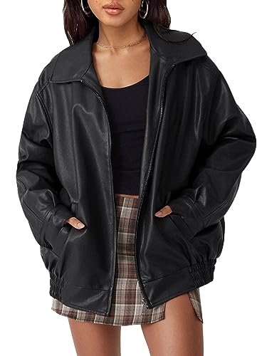 AUTOMET Women's Oversized Faux Leather Jacket - Fall Motorcycle Style Coat with Zipper Closure