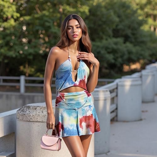 Muineobuka Women Y2k Boho Mini Skirt Sets Tie Dye Floral Print Hollow Out Backless Camisole and Mini Skirts 2 Piece Outfits