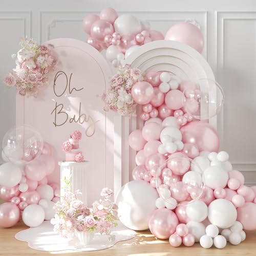 Pink Balloon Arch Kit 108Pcs Double Stuffed Balloons Garland Including Pink Pearl White Macaron Pink Balloons Different Si...