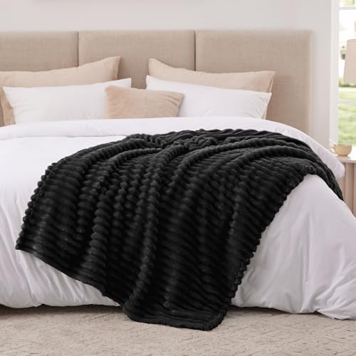 EXQ Home Fleece Throw Blanket for Couch or Bed - 3D Stripe Jacquard Decorative Blankets - Cozy Soft Lightweight Fuzzy Flan...