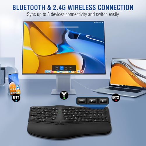 EDJO Ergonomic Wireless Keyboard Rechargeable, Bluetooth/2.4G Wireless Keyboard with Cushioned Wrist Rest, Multi-Device, S...
