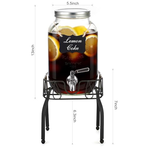 Glass Drink Dispensers for Parties, Beverage Dispenser with Stand, Ice Cylinder and Stainless Steel Spigot 100% Leakproof,...
