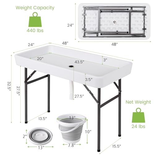 Giantex 4 FT Folding Ice Cooler Table with Drain & Bucket, Removable Skirt, No Assembly, Portable Fill and Chill Table for...