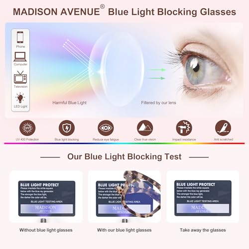 Madison Avenue Blue Light Blocking Glasses Oversized Fashion Blue Light Glasses for Women Anti Eyestrain & UV Protection C...
