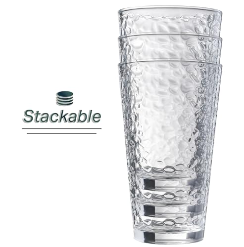 Set of 10 Hammered Glass Cups, 16oz. Dishwasher Safe Cocktail Drinking Glasses - Clear Heavy Base Stemmed Water Glasses, T...