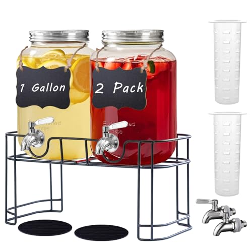 Einfache 1 Gallon Drink Dispenser with Stand,2 Pack Beverage Dispenser with Stand & Stainless Steel Spigot,Glass Water Lem...
