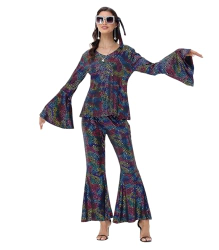 70s Disco Costume for Women - 1970s Disco Outfit with Wig, Earrings, glasses, Necklace, Headband, Sequin Top & Bell Bottoms