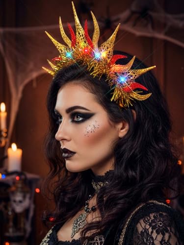 Lorealri Festive Sun Crown Light Up Headband, Gold and Red Glitter, LED Rave Party Costume Accessory for Women (Gold-Red ...