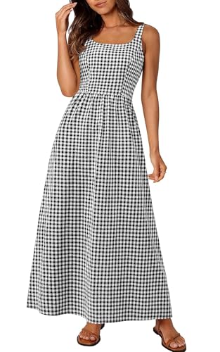 PRETTYGARDEN Women's 2026 Summer Spaghetti Strap Maxi Dresses Plaid Square Neck A Line Casual Beach Vacation Long Sundress