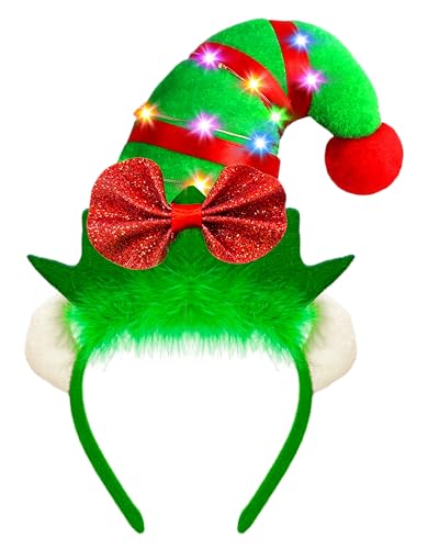 Dkomekii Christmas Elf Headband Light Up LED Elf Hat Headband Glowing with Ears for Xmas Costume Party