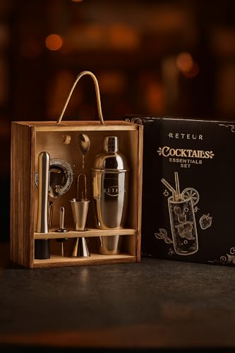 Cocktail Shaker Set RETEUR -10 Piece Bartender Kit with Rustic Wood Box -Bar Tool Set Stainless Steel - Home Cocktail Shak...