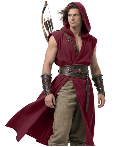 L'VOW Men's Medieval Hooded Surcoat Renaissance Tabard Sleeveless Tunic Cloak Viking Costume Holloween Assassin Cosplay
