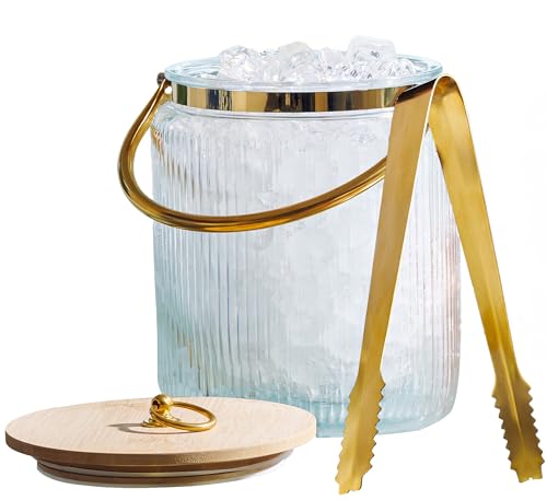 Le'raze Glass Ice Bucket with Airtight Lid, Tong Scooper and Handle - 3L Ribbed Beverage Tub Cocktail Home Bar Accessorie...