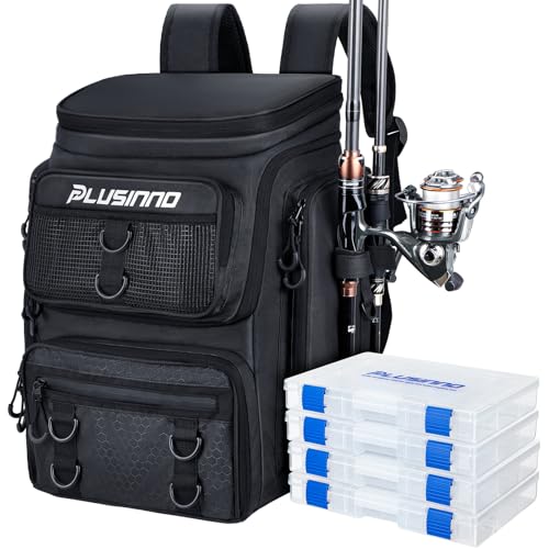 PLUSINNO Fishing Backpack with Rod Holders Tackle Box, 42L Large Water-resistant Fishing Tackle Bag Store Fishing Gear