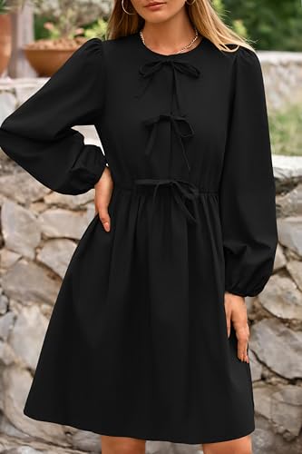 BTFBM Women's Casual Short Dress 2025 Bow Tie Front Puff Long Sleeve Button A Line Cute Y2K Going Out Dresses Pockets