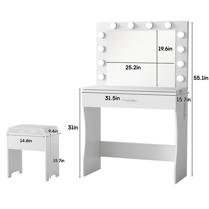 Vanity Desk with Lights, Makeup Vanity Desk with Lighted Mirror and Charging Station, ，3 Lighting Modes Adjustable Brightness,Makeup Vanity Set with Cushioned Chair