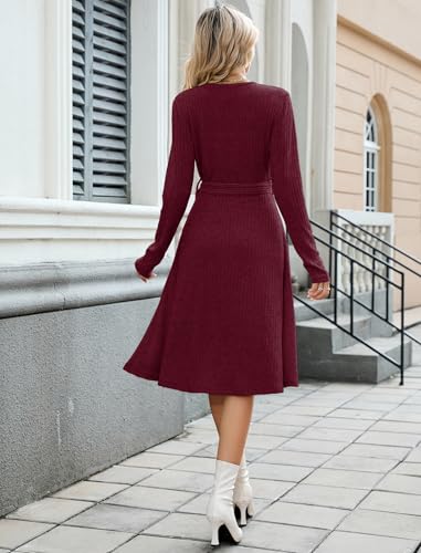 ZAFUL Women's 2025 Casual V Neck Long Sleeve Sweater Dress Wrap Ribbed Knit Pleated Midi Dresses with Belt