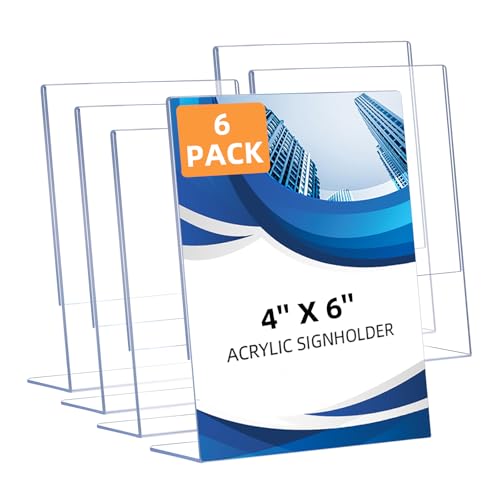 6 Pack Slanted Back Acrylic Sign Holders 4x6 for Business & Store, Tabletop Vertical Sign Holder with Anti-Slip Pads Clear...