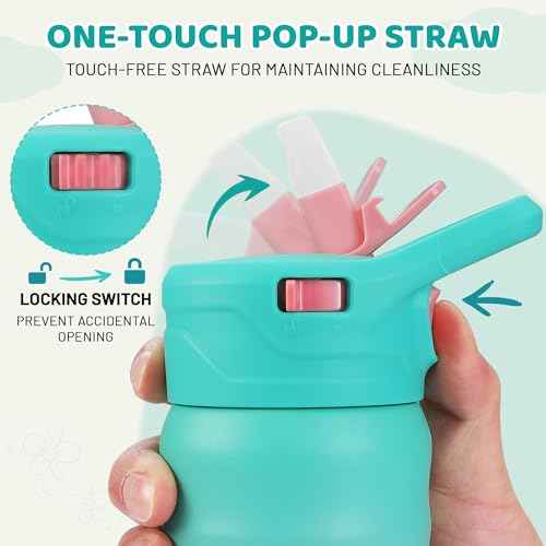 HAUSHOF Kids Water Bottle 2-Pack (12 oz) BPA-free with Straw and Stickers, Stainless Steel Vacuum Double Wall Insulated cup with Leak Proof for school, Gifts, Boys and Girls(Blue/Pink)