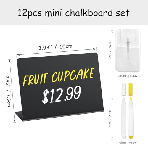 PigPotParty 12 Pcs Food Labels for Party Buffet w/Cleaning Spray, 4"x3" Mini Chalkboard Signs for Food Display, Table Plac...