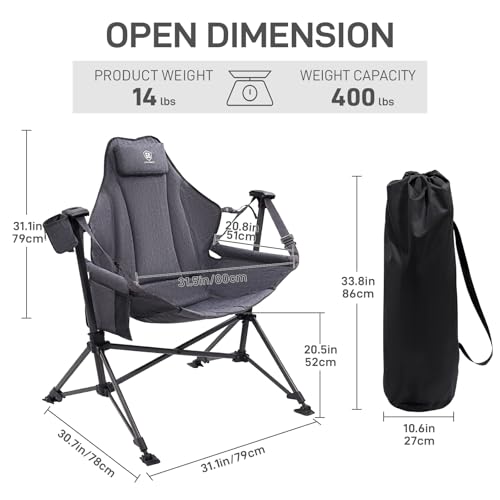 EVER ADVANCED Padded Hammock Camping Chair, Oversized Heavy Duty Swing Chair with Detachable Cup Holder, Portable Folding ...