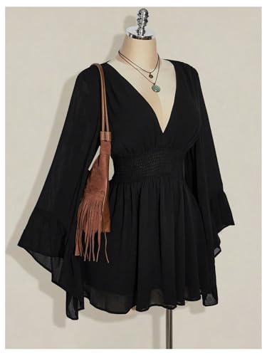 BEAUDRM Women's Plus Size Boho Western Dress Bell Sleeve Cowgirl Hippie Mini Dress Mesh A Line Casual Flowy Dresses