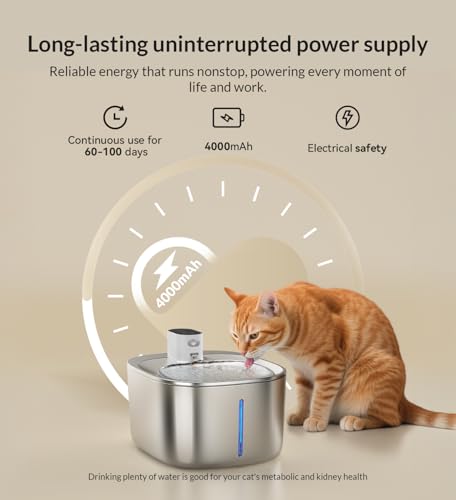 APD APETDOLA Wireless Cat Water Fountain Stainless Steel,135floz/4L Battery Operated Automatic Pet Fountain,Cordless Cat W...