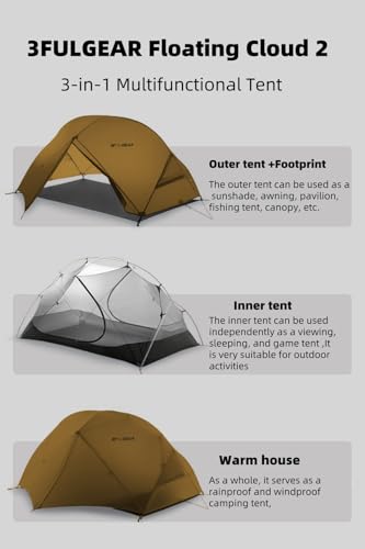 3FULGEAR Backpacking Tent, Floating Cloud 2 Easy Setup 2 Person 3/4 Season Ultralight Tents Waterproof Windproof Double La...
