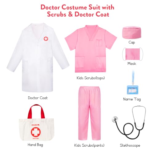 Meland Doctor Costume for Girls - Kids Scrubs with Lab Coat & Carry Bag, Doctor Dress Up for Halloween, Career Day Role Play