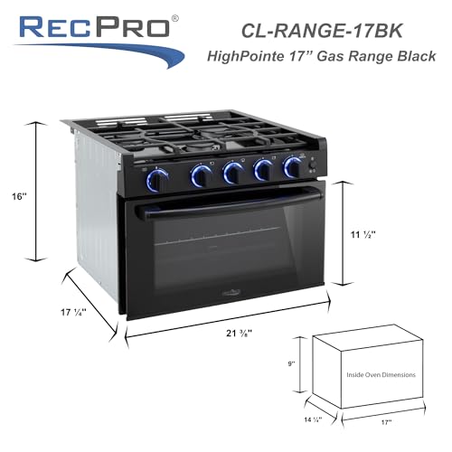 RecPro RV High Pointe Stove Black Finish | Gas Range 17" Tall | 6800 and 8300 BTU Three Burner | 7100 BTU Oven with 1.2 C...