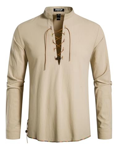 JEMITOP Men's Pure Cotton Retro Lace Up Shirts for Renaissance Pirate Medieval Viking