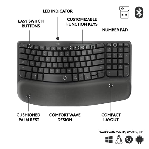 Logitech Wave Keys for Business, Wireless Ergonomic Keyboard with Cushioned Palm Rest, Secure Logi Bolt Technology, Blueto...