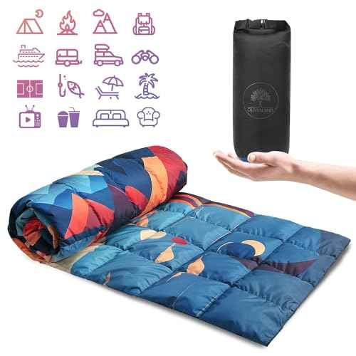 Down Camping Blanket, Ultralight Compact Packable Throw with Snaps for Outdoor Indoor, Travel Stadium Concert Picnic Beach, Puffy 650 Fill Down Water-Resistant Quilt (Mountain Sunset)