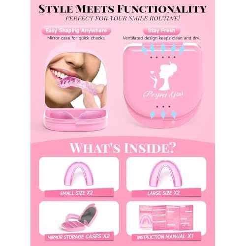 4 Pack Pink Night Guards for Teeth Grinding and Clenching, Women Teeth Grinding Mouth Guard for Sleep with 2 Mirror Cases, Moldable Mouthguard for Women, Adults, Bruxism Relief