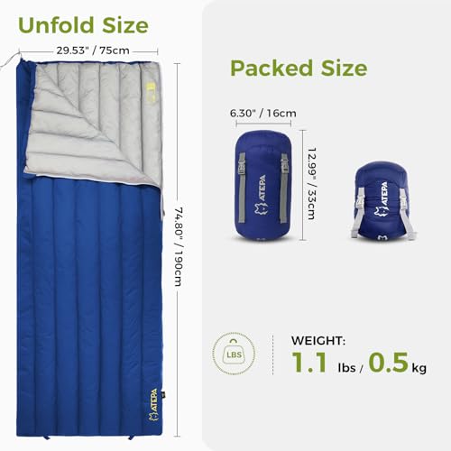 ATEPA Down Sleeping Bag, 650FP Ultralight 55°F 60°F 3 Season Warm Weather 15D Nylon Shell and Compact Packable Sleeping Ba...