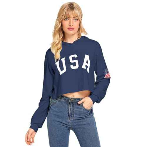 SweatyRocks Women's American Flag Long Sleeve Hoodies Letter Graphic Crop Top Hooded Sweatshirts