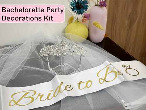 JETKONG 3 Pcs Bachelorette Party Decorations Bridal Shower Crown, Bride to Be Sash&Veil for Women Bachelorette Party Gift...