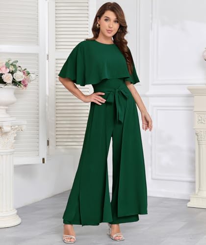 DGHBVS Jumpsuits for Women Dressy Casual One-Piece Outfits Elegant Formal Cape Belted Wide Leg Rompers Evening Pantsuits