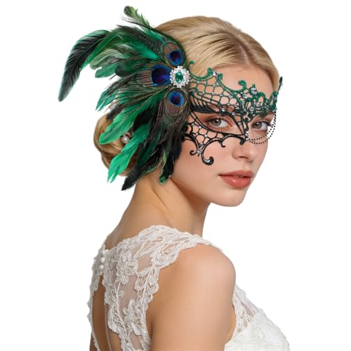 BEARAE Masquerade Mask for Women, Feather Lace Mardi Gras Mask, Peacock Venetian Costume Masks for Womens Masquerade Party