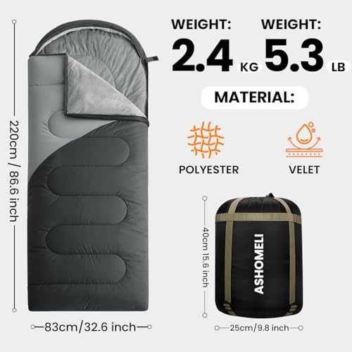 ASHOMELI Camping Sleeping Bags for Adults - 4 Season Warm & Cool Weather - Summer, Spring, Fall, Winter, Lightweight, Wate...
