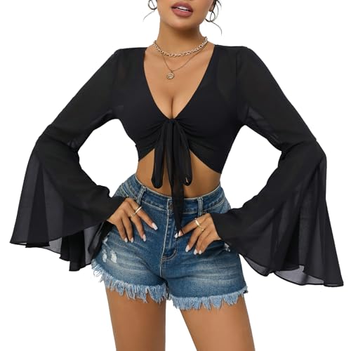 Mesh Tops for Women Bell Sleeve Rave Outfits Tie Front Crop Top Long Sleeve Shirt Sheer Blouse Festival