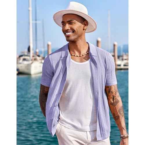 COOFANDY Men's Knit Shirts Short Sleeve Button Down Polo Shirt Fashion Casual Summer Beach Shirts