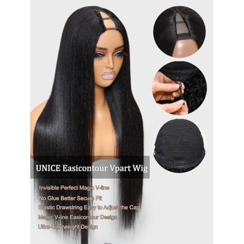 UNICE EasiContour V Part Wigs Human Hair with Drawstring Yaki Straight Glueless Clip in Vpart Wig No Sew in No Glue Beginner Friendly 14 inch