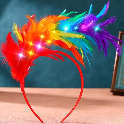 DRESBE Light Up 1920s Feather Fascinator Headband LED Cocktail Tea Party Hair Accessories for Women